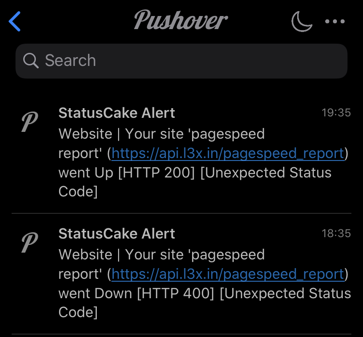 Screenshot of alerts sent via Pushover to an iPhone