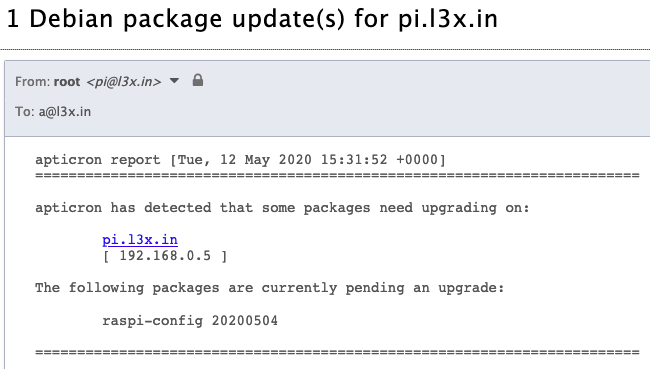 Screenshot of an email from my Raspberry Pi